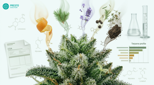 Cannabis flower with trichomes and illustrated terpene molecules