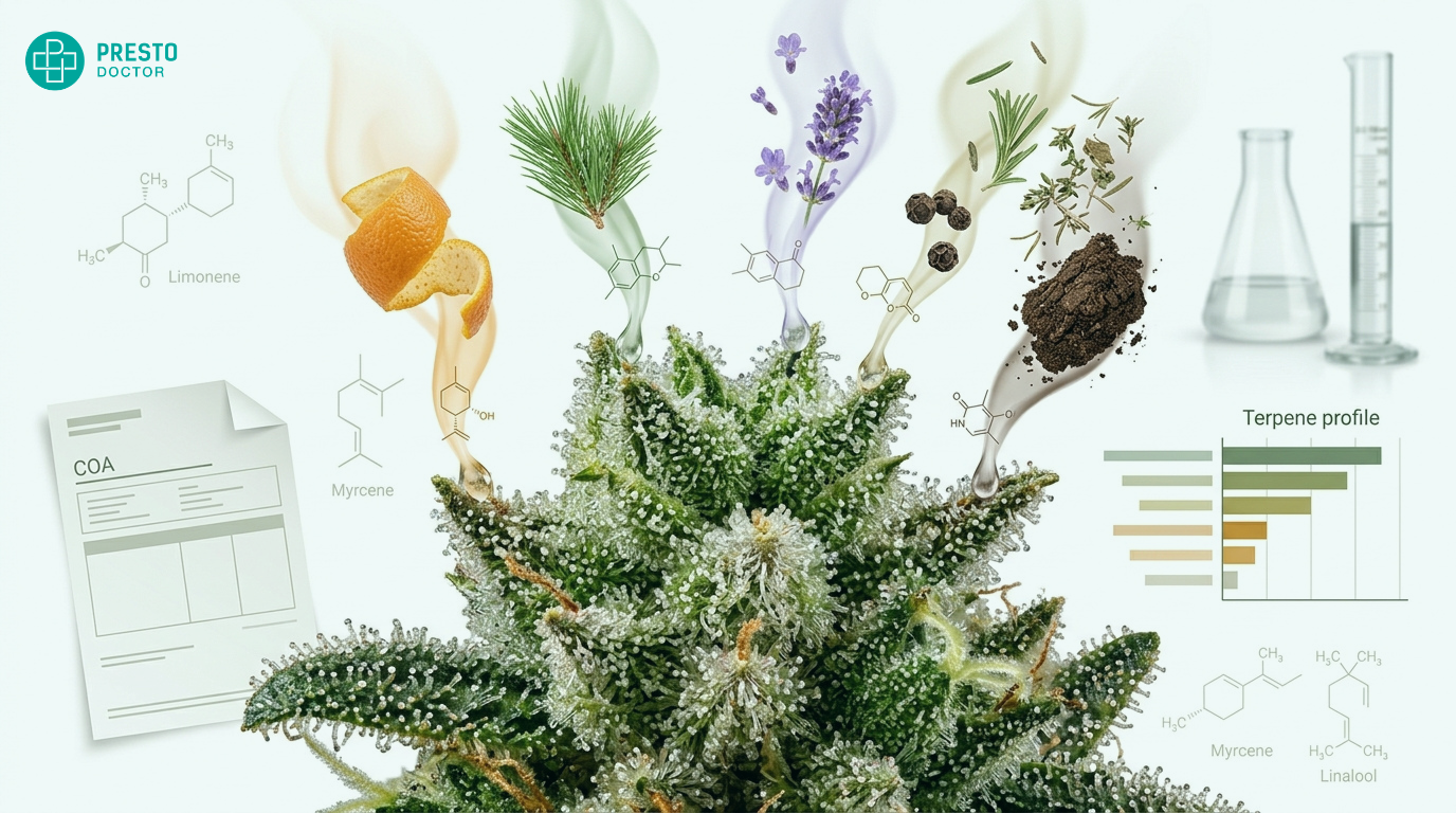 Cannabis flower with trichomes and illustrated terpene molecules