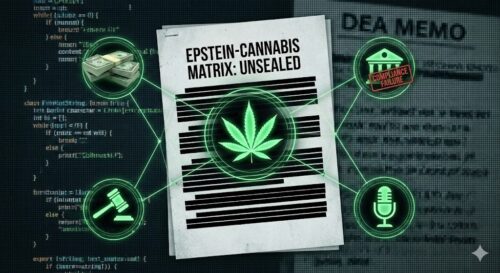 An investigative graphic titled 'Epstein-Cannabis Matrix: Unsealed' showing a redacted document with a cannabis leaf overlay, connected to icons for cash, a legal gavel, bank compliance failure, and a microphone, set against a background of digital code and a DEA Memo.