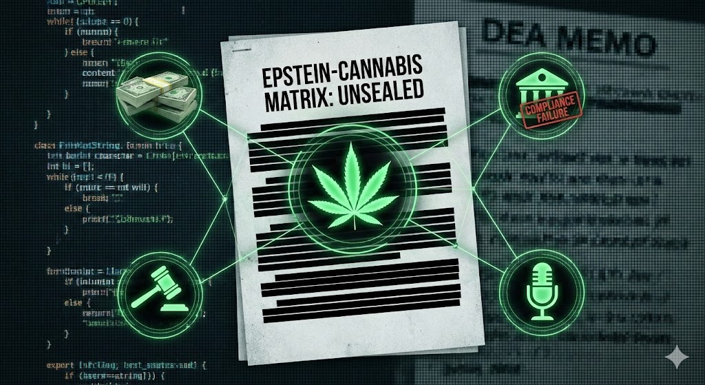 An investigative graphic titled 'Epstein-Cannabis Matrix: Unsealed' showing a redacted document with a cannabis leaf overlay, connected to icons for cash, a legal gavel, bank compliance failure, and a microphone, set against a background of digital code and a DEA Memo.