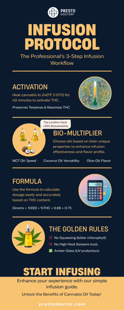 Complete infographic showing decarboxylation temperatures, carrier oil comparison, and the THC potency formula for professional cannabis oil.