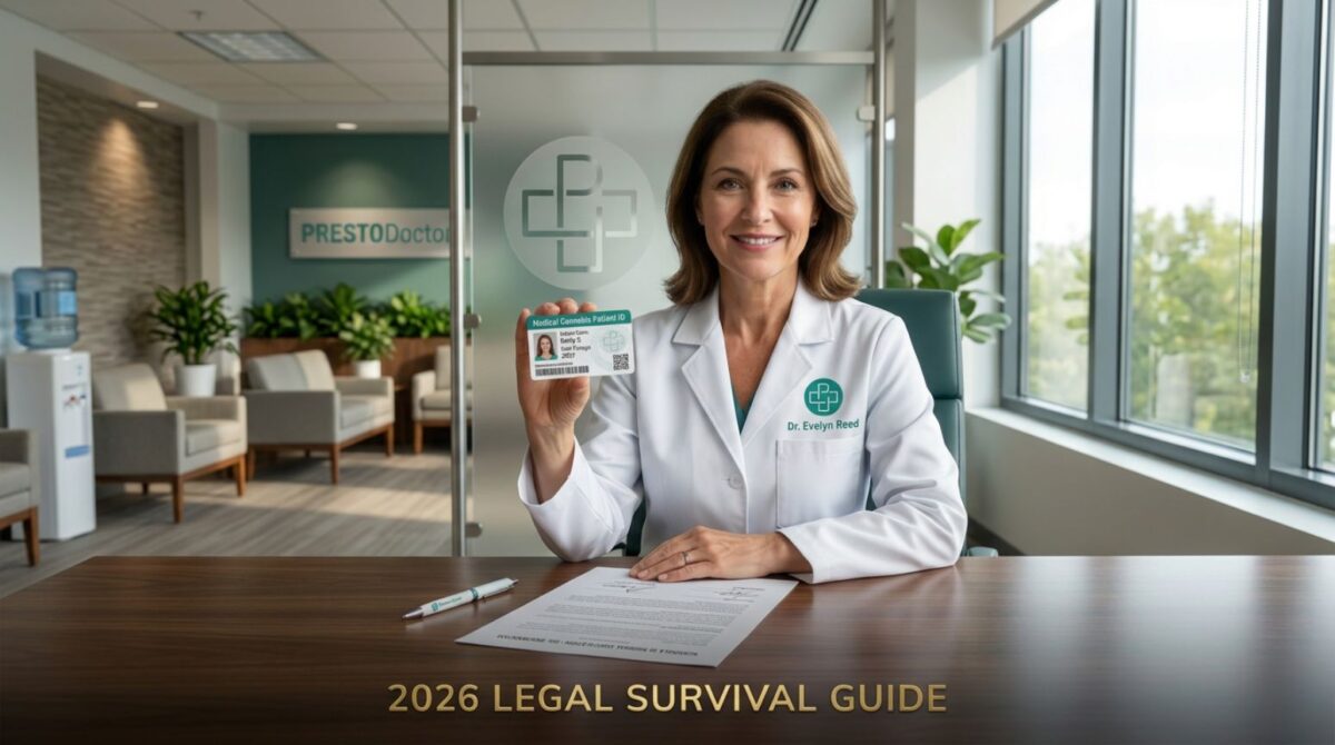 Dr. at PrestoDoctor holding a medical cannabis card next to a Schedule III rescheduling document—2026 legal survival guide for patients.