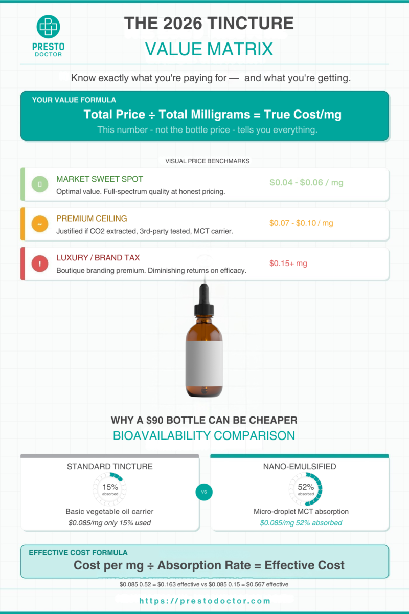 An infographic titled 'The 2026 Tincture Value Matrix' by PrestoDoctor. It explains how to calculate the true value of CBD tinctures using the formula: Total Price divided by Total Milligrams equals True Cost per mg. It lists price benchmarks: Market Sweet Spot ($0.04-$0.06/mg), Premium Ceiling ($0.07-$0.10/mg), and Luxury Brand Tax ($0.15+/mg). A bottom section compares bioavailability, showing that nano-emulsified tinctures have a 52% absorption rate compared to 15% for standard tinctures, resulting in a lower 'effective cost.