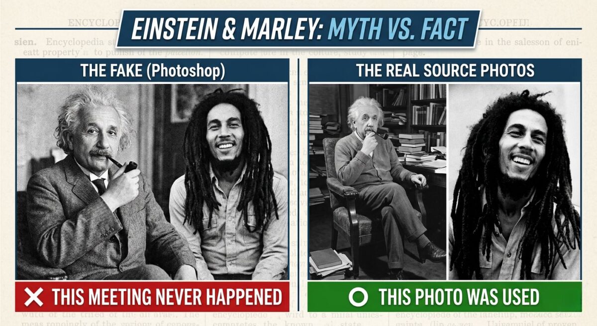  Side-by-side graphic debunking the fake photo of Albert Einstein and Bob Marley.