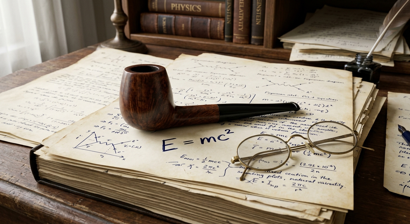 A vintage tobacco pipe and spectacles resting on handwritten physics notes, representing Albert Einstein’s study habits.