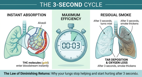 Medical infographic showing the 3-second cycle of THC absorption in lung alveoli vs. tar deposition and oxygen loss.