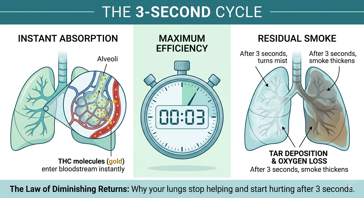 Medical infographic showing the 3-second cycle of THC absorption in lung alveoli vs. tar deposition and oxygen loss.