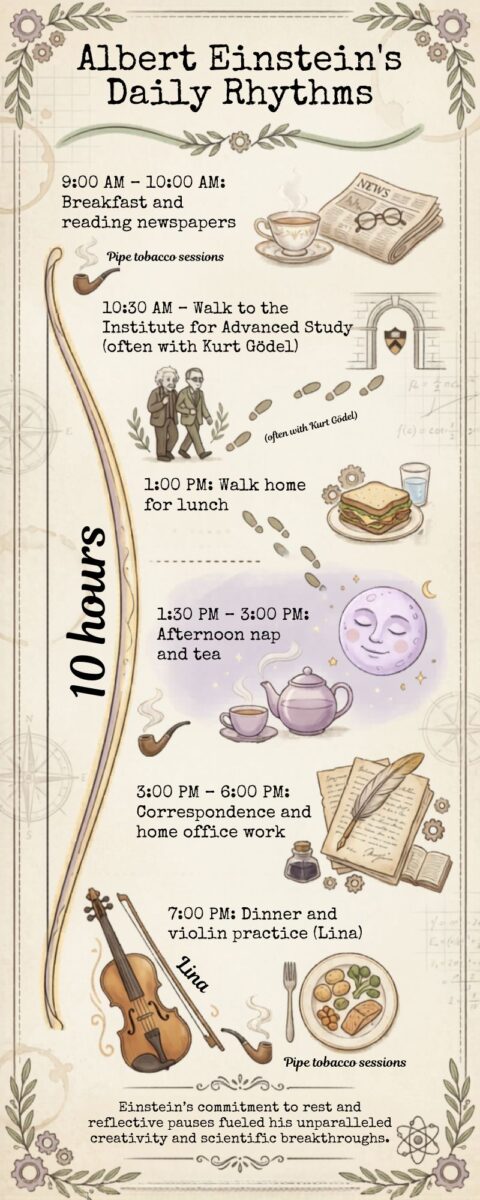 A vertical timeline illustration of Albert Einstein's daily habits: 10 hours of sleep, walking to Princeton, violin practice with 'Lina', and pipe tobacco sessions for reflection.