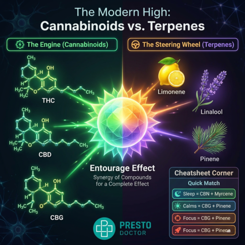 Diagram titled "The Modern High: Cannabinoids vs. Terpenes". Left side shows THC, CBD, and CBG as the "Engine". Right side shows terpenes like Limonene and Pinene as the "Steering Wheel". Center features a colorful orb indicating the "Entourage Effect". Includes a cheatsheet for effects like sleep and focus. Balanced, informative design.