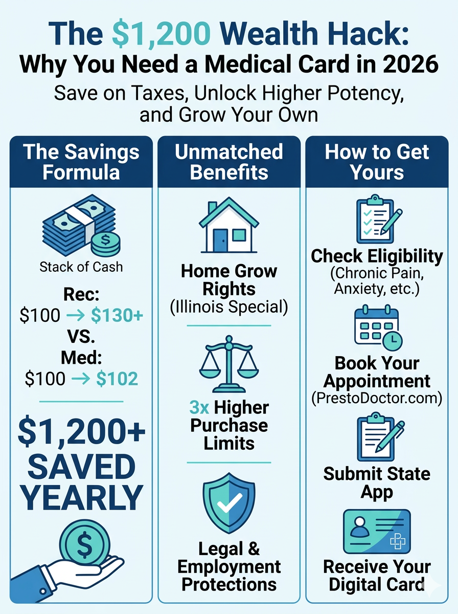 Infographic comparing medical vs. recreational cannabis: $1,200 annual tax savings, 3x higher potency limits, and legal home grow rights in IL, NY, and PA.