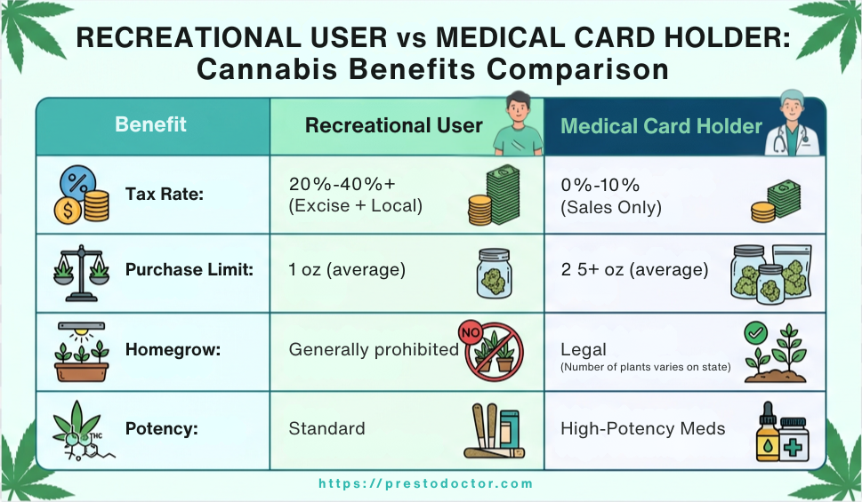 Infographic table comparing recreational vs. medical cannabis benefits across tax rates, purchase limits, homegrow, and potency.