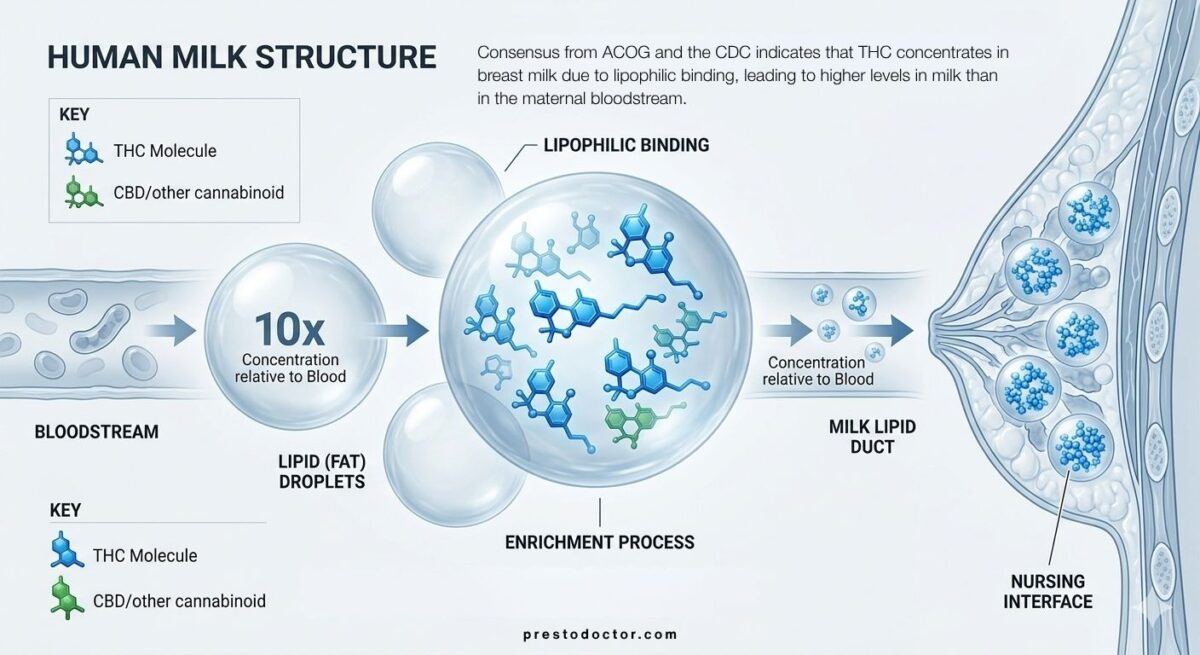 A 2026 medical illustration showing lipophilic binding, where THC molecules become trapped and concentrate inside large lipid (fat) droplets in breast milk.