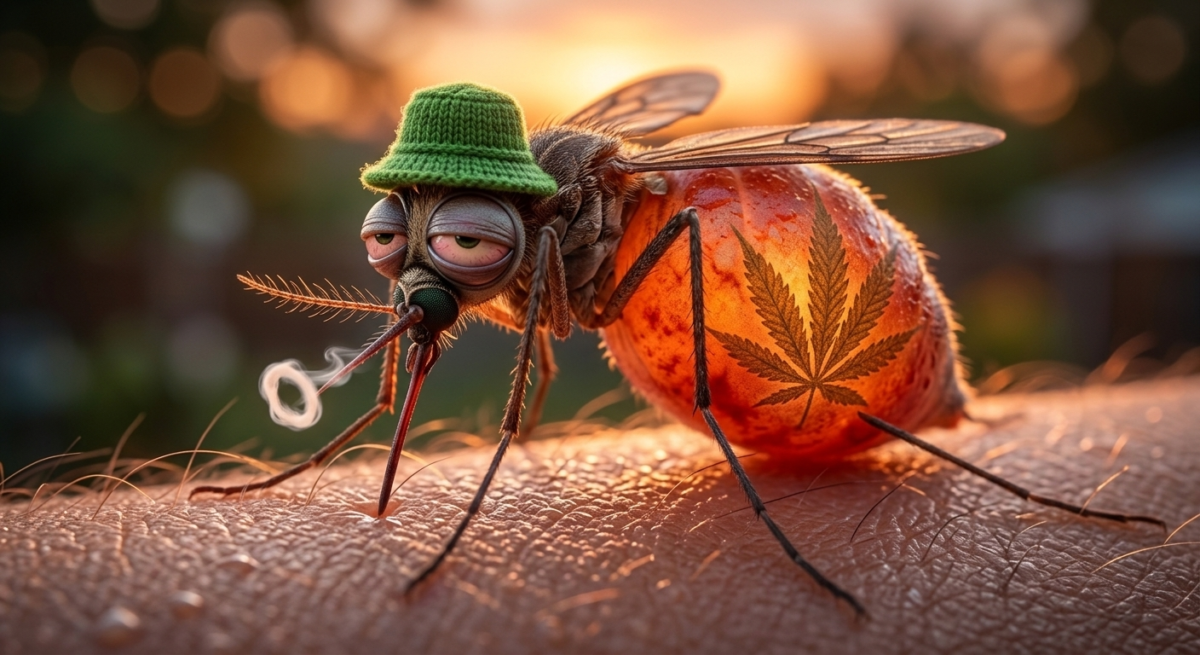 A comical, gorged mosquito with a glowing red abdomen, miniature green hat, and a tiny smoke ring.