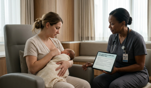A clinical consultation photograph (2026) showing a pediatrician advising a breastfeeding mother regarding ACOG guidelines and the risks of THC transfer in breast milk.