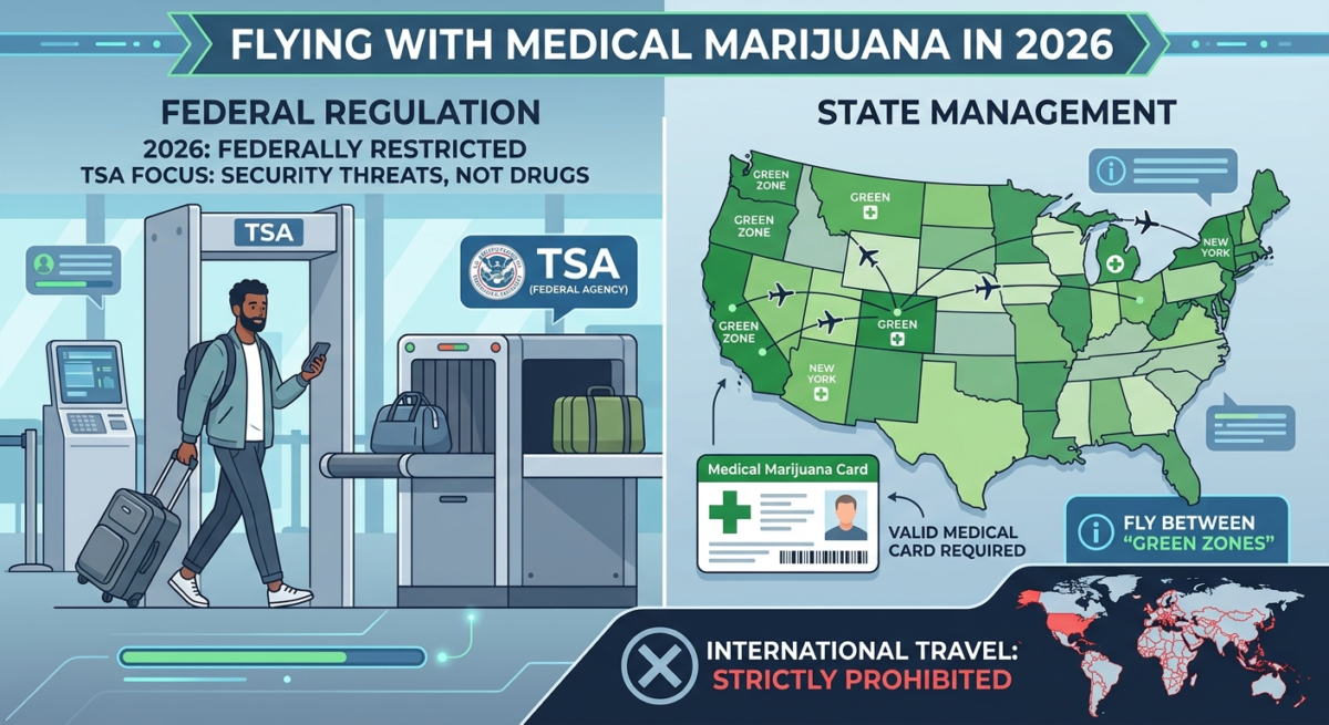 "Infographic titled 'Flying with Medical Marijuana in 2026' showing a passenger passing through TSA security with a smartphone, a map of U.S. 'Green Zones' for domestic travel, a medical marijuana card requirement, and a warning that international travel is strictly prohibited.