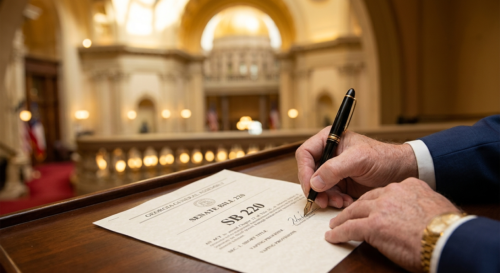 Georgia Medical Cannabis SB 220 document on a wooden desk.