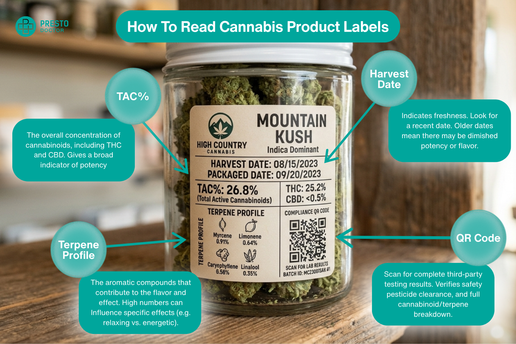 Infographic guide by PrestoDoctor on how to read cannabis product labels. A glass jar of "Mountain Kush" flower features arrows pointing to key label sections: Harvest Date (indicates freshness), TAC% (total concentration of cannabinoids like THC and CBD), Terpene Profile (aromatic compounds influencing flavor and effects), and a Compliance QR Code (scans for third-party lab results and pesticide clearance).