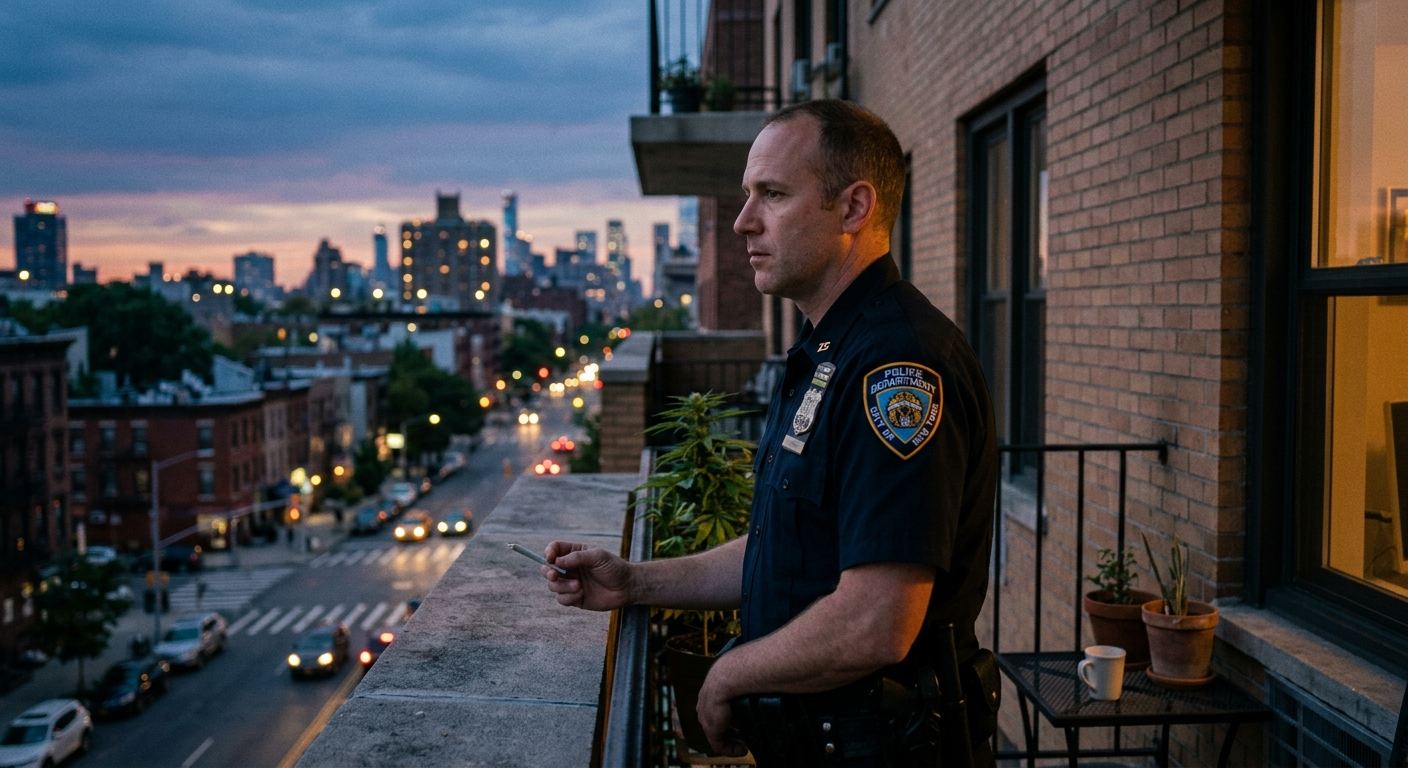 A pensive police officer in uniform stands on a residential apartment balcony at dusk holding an unlit joint, overlooking a busy city street and skyline, illustrating the legal grey area of off-duty cannabis use for law enforcement.