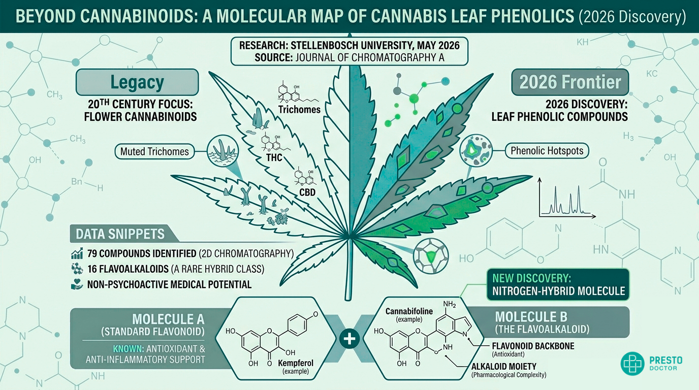 Infographic displaying the 2026 Stellenbosch University discovery of 79 phenolic compounds in cannabis leaves. Compares the molecular structure of standard flavonoids with rare, newly discovered flavoalkaloids.