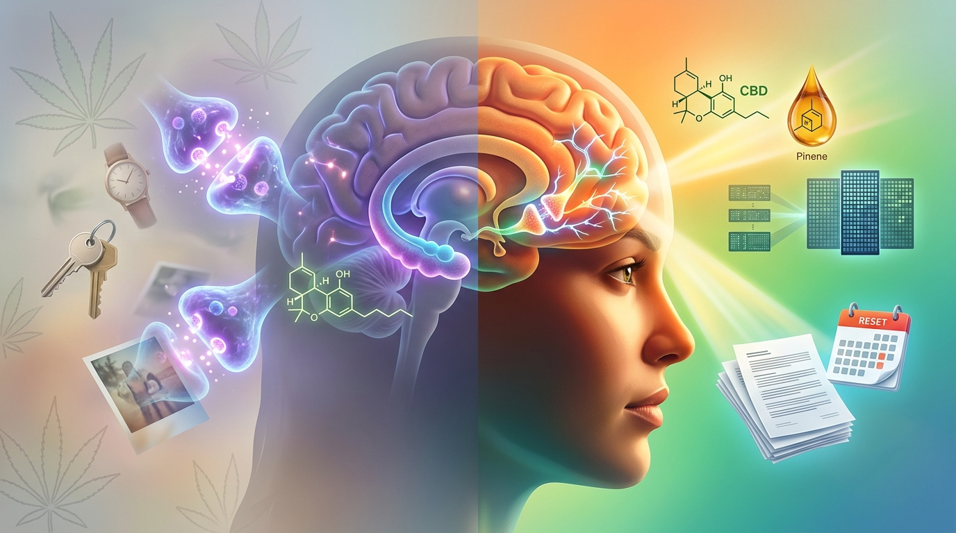 Diagram of a human brain showing the hippocampus and molecules of THC, CBD, and Pinene representing memory protection and recovery.