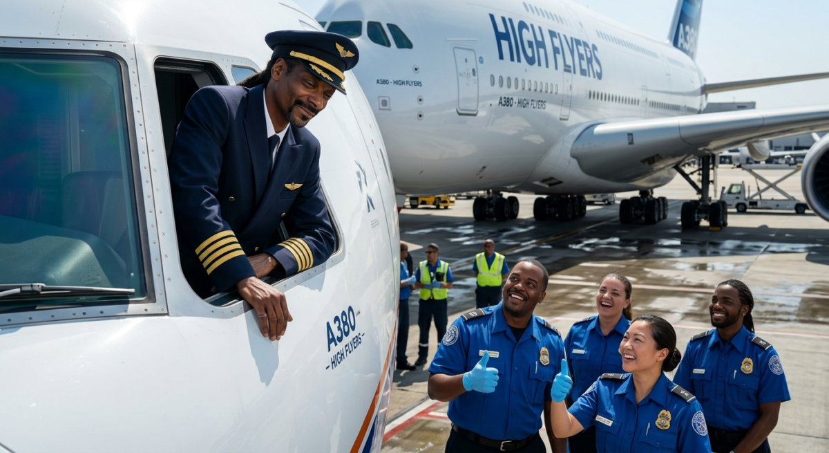 A funny, photorealistic illustration of celebrity Snoop Dogg as an airplane pilot looking down at airport security staff, representing the viral internet rumors surrounding the TSA medical card trend and flying with cannabis in 2026.