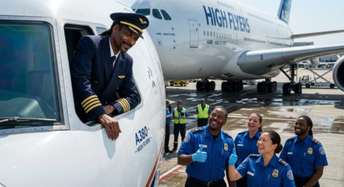 A funny, photorealistic illustration of celebrity Snoop Dogg as an airplane pilot looking down at airport security staff, representing the viral internet rumors surrounding the TSA medical card trend and flying with cannabis in 2026.