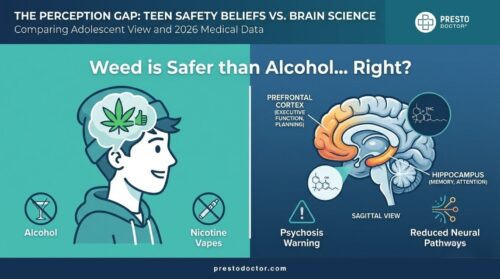 A split-screen infographic comparing adolescent perception of cannabis with 2026 medical data. Left side: A stylized teen view of cannabis as a natural, safe alternative to alcohol and nicotine vapes. Right side: A 3D sagittal brain scan highlighting the prefrontal cortex and hippocampus, illustrating the 2026 UCSD findings on reduced neural pathways and psychosis warnings.