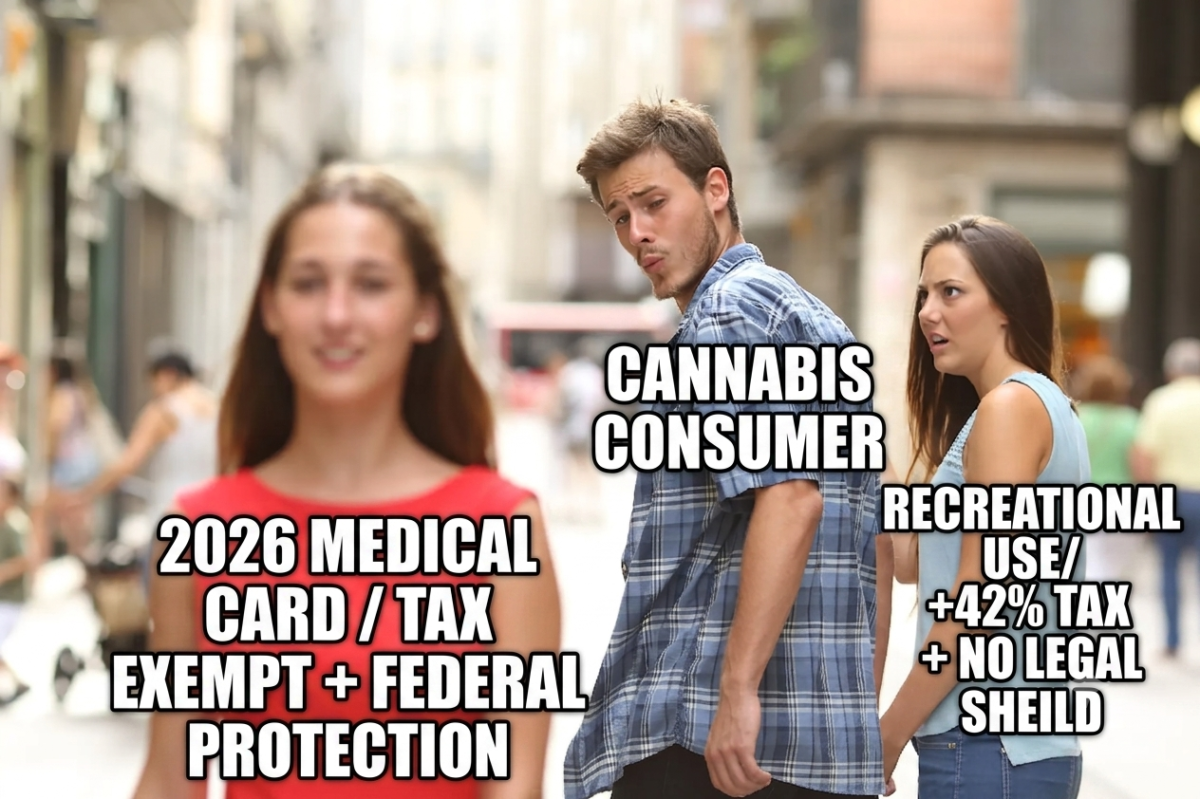 A 'Distracted Boyfriend' meme featuring a man labeled 'CANNABIS CONSUMER' looking back at a woman in red labeled '2026 MEDICAL CARD / TAX EXEMPT + FEDERAL PROTECTION' with desire, while ignoring his existing partner in blue labeled 'RECREATIONAL USE / +42% TAX + NO LEGAL SHIELD,' who looks on with an insulted and outraged expression.