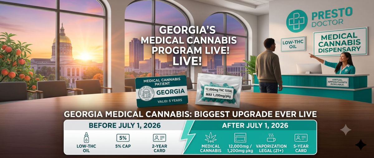 Georgia medical cannabis program 2026 update by PrestoDoctor. Infographic chart compares old rules to new SB 220 regulations including severe arthritis and insomnia qualifications, independent pharmacy dispensing, and how to get a medical marijuana card in Georgia.