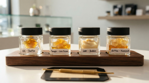 Four clear glass jars displaying different types of cannabis concentrates including GSC Shatter, Tangie Live Resin, GMO Badder, and Zkittlez Diamonds sitting on a wooden flight board next to a gold dabbing tool.