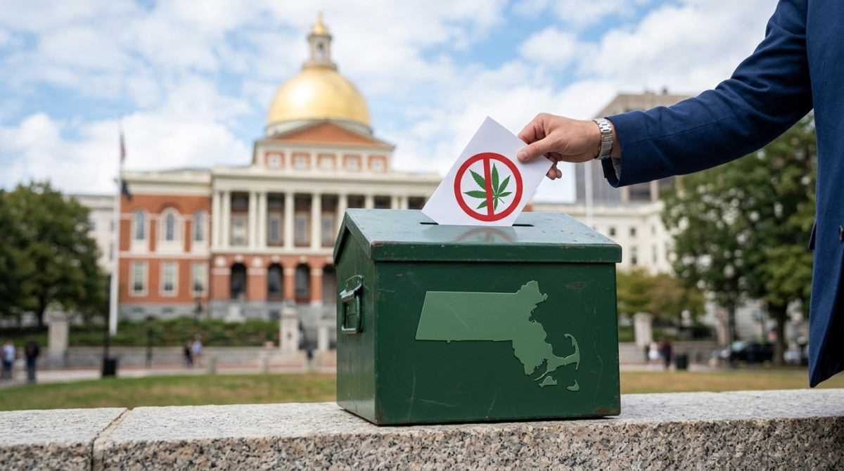 A voter placing a ballot with a marijuana leaf crossed out by a red "no" symbol into a green ballot box featuring an outline map of Massachusetts. The background shows the iconic gold dome of the Massachusetts State House in Boston under a blue sky.
