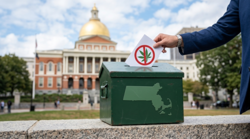 A voter placing a ballot with a marijuana leaf crossed out by a red "no" symbol into a green ballot box featuring an outline map of Massachusetts. The background shows the iconic gold dome of the Massachusetts State House in Boston under a blue sky.