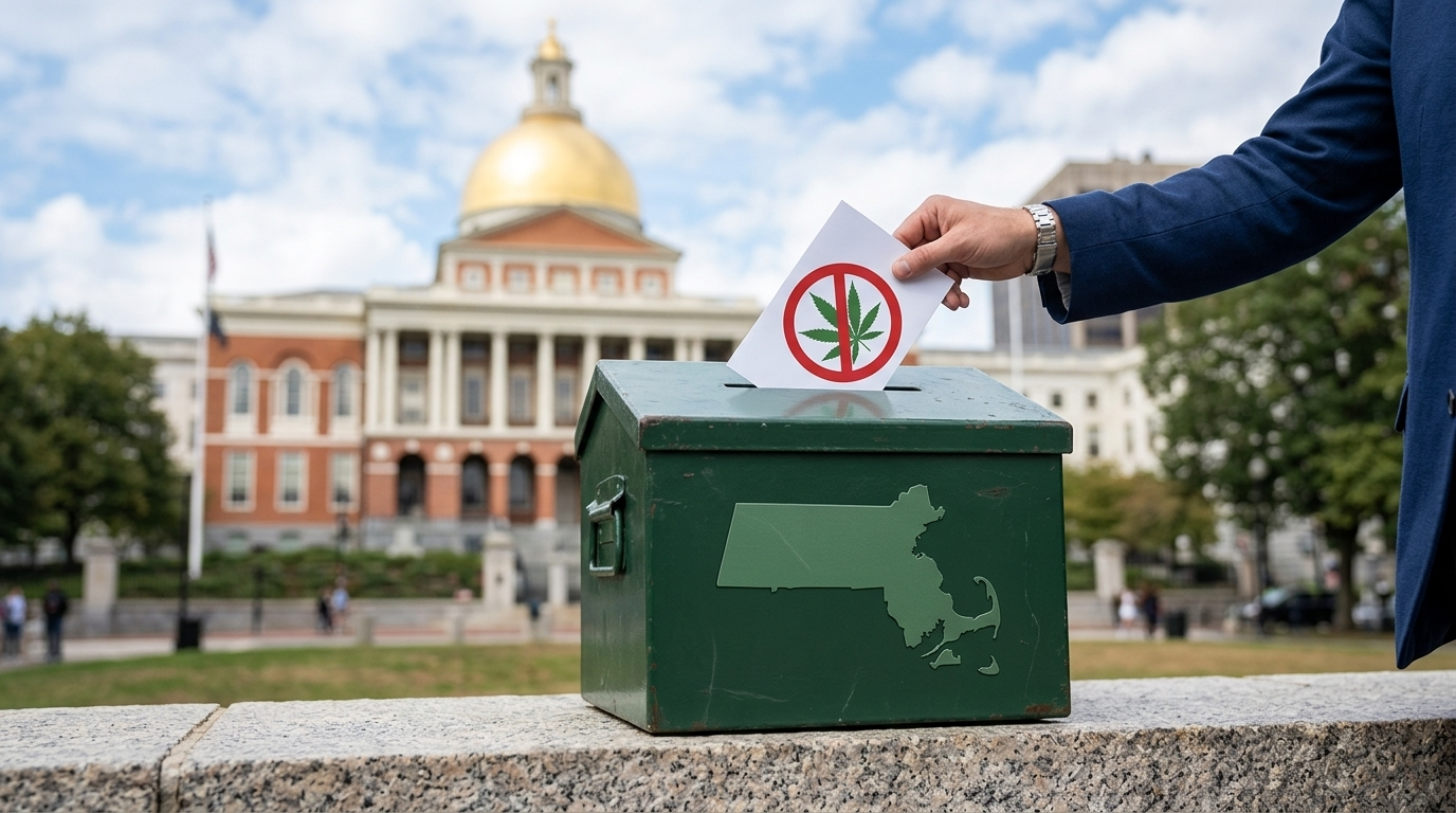A voter placing a ballot with a marijuana leaf crossed out by a red "no" symbol into a green ballot box featuring an outline map of Massachusetts. The background shows the iconic gold dome of the Massachusetts State House in Boston under a blue sky.