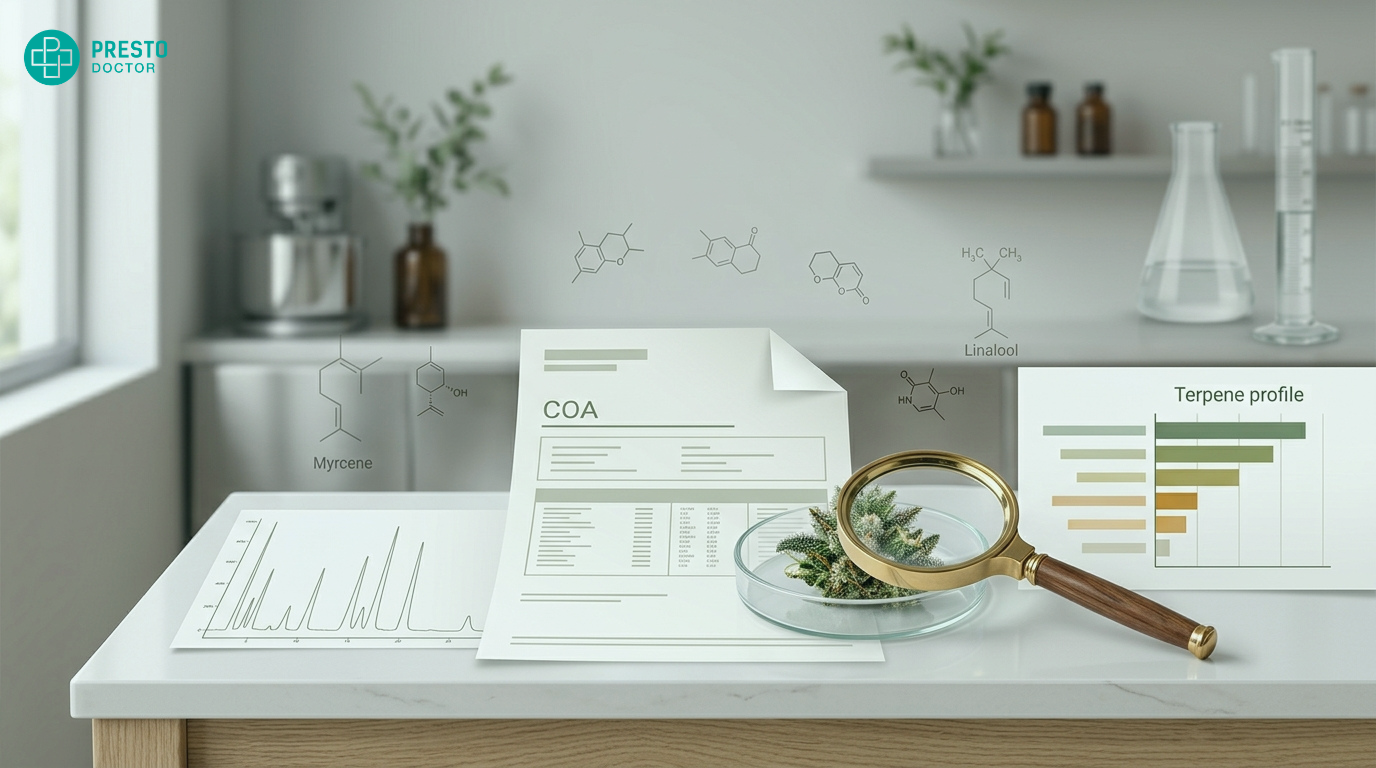 Cannabis COA and terpene profile laboratory report beside cannabis flower