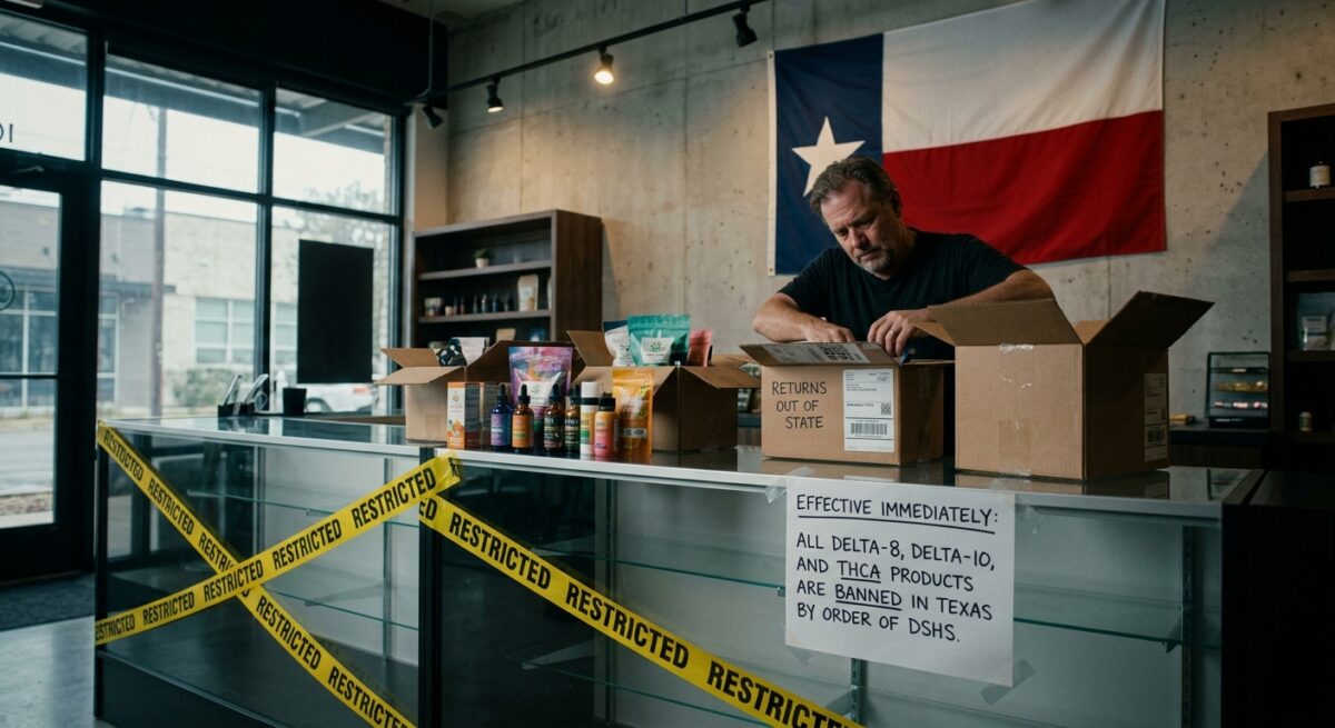 A Texas store owner packing Delta-8 and THCA hemp products into boxes behind an empty glass counter wrapped in restriction tape and a DSHS ban notice.
