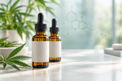 CBG and CBD tinctures in amber glass bottles with molecular structure diagram