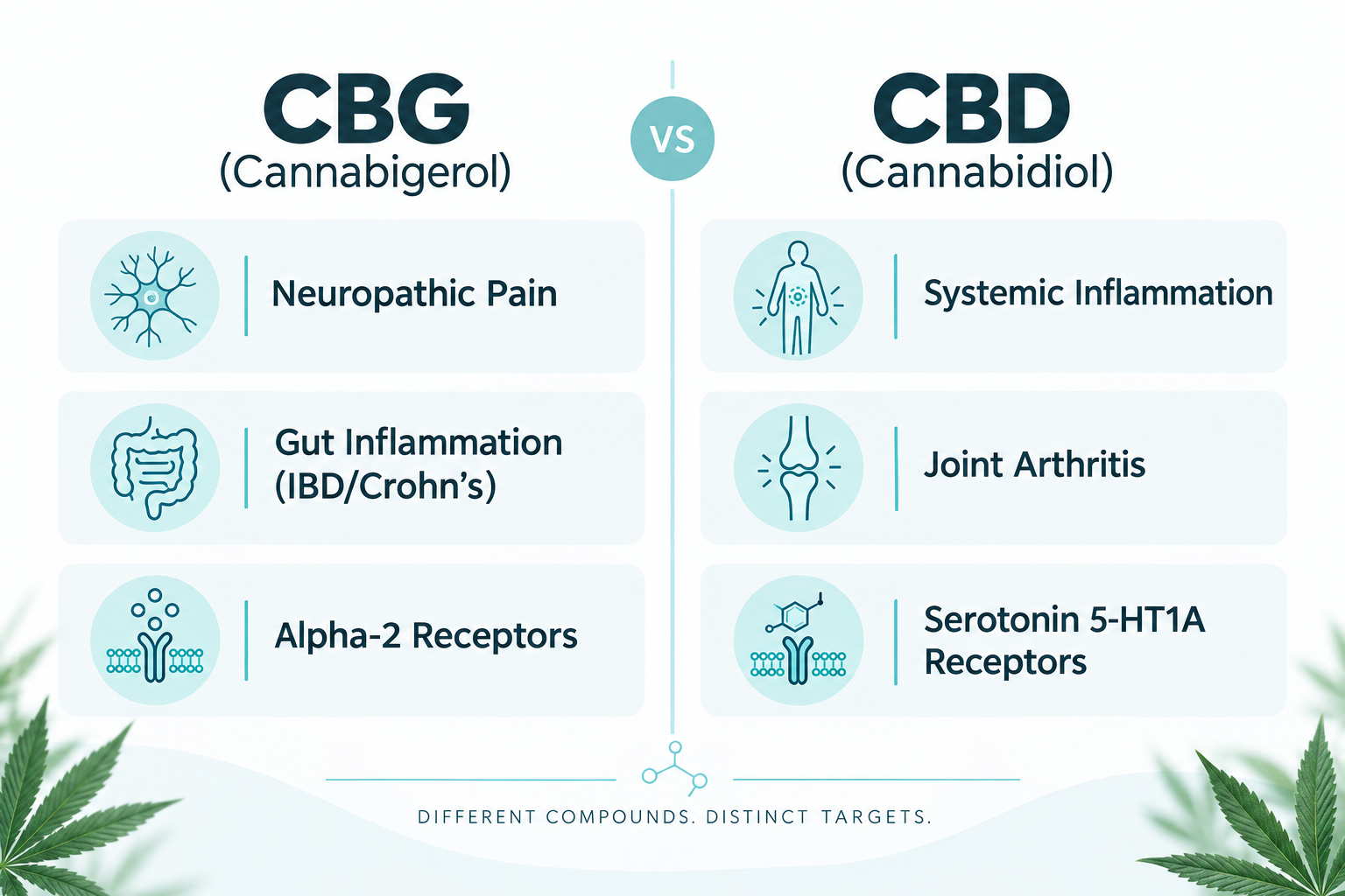 Clinical comparison infographic of CBG vs CBD targeting neuropathic pain, gut inflammation, and arthritis