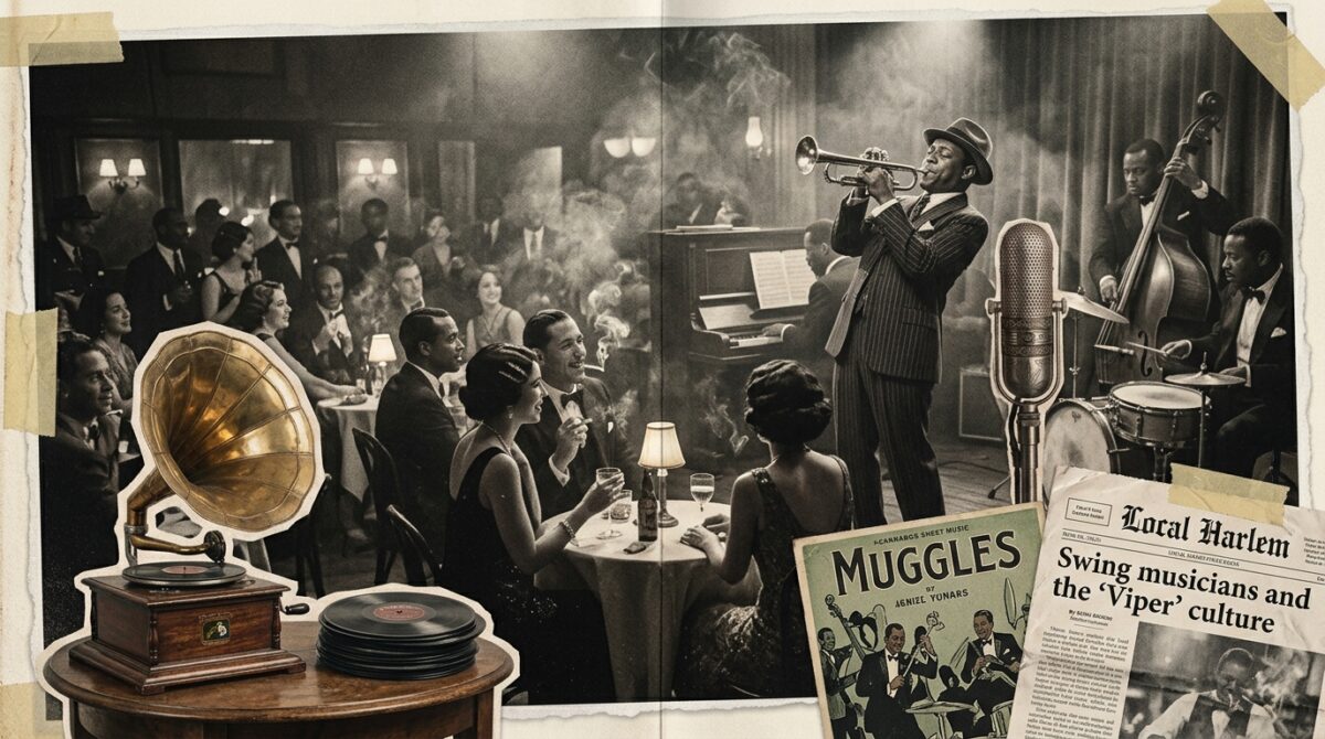 Vintage jazz scene representing the early history of cannabis references in music