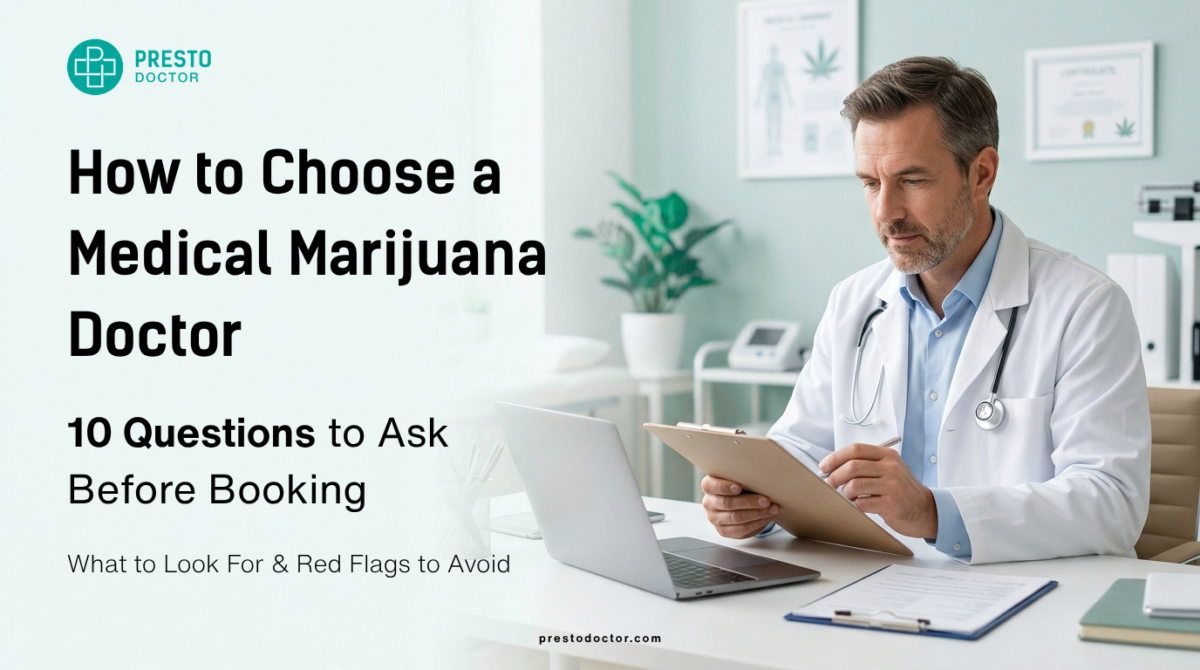 Medical marijuana doctor reviewing patient information during a telehealth consultation