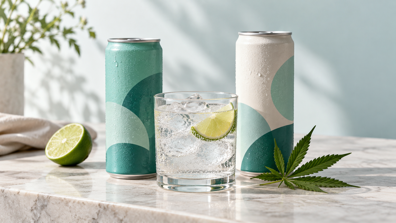 Unbranded hemp drink cans beside sparkling seltzer, lime, and a hemp leaf.