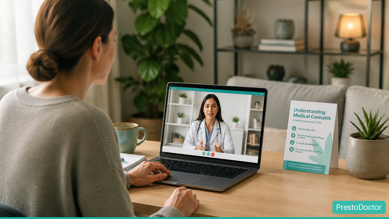 Adult patient completing a secure online medical cannabis evaluation with a licensed physician by video.
