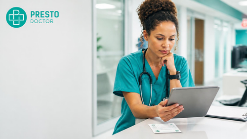 Registered nurse reviewing medical cannabis information in a hospital setting
