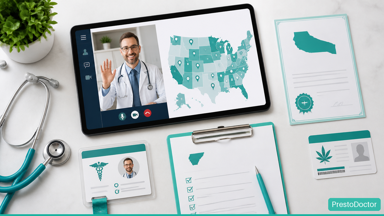 Illustration of state specific telehealth, physician licensing, identification, and registry steps for medical cannabis certification.